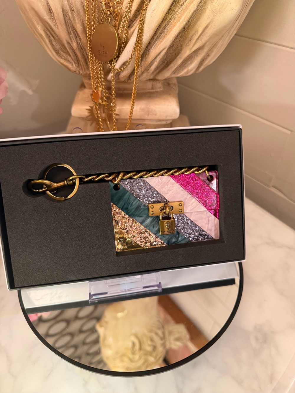 NIB Kurt Geiger Multicolor Glitter Lock Cardholder - Pink & Teal - Picture 3 of 8